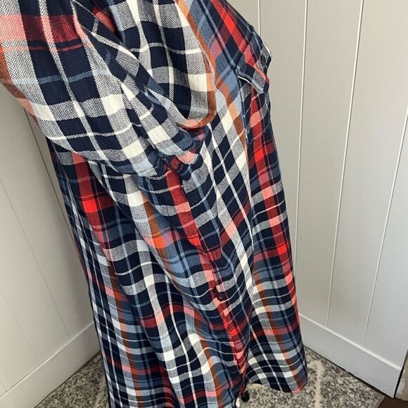Universal Thread Women Large Button Front Shirt Mini Dress Red Blue Plaid Cotton - Picture 5 of 14